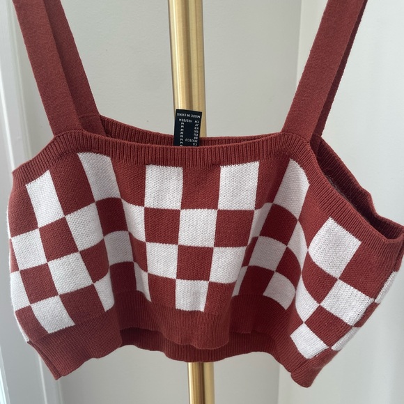 NWT Forever 21 Cropped Brown and White Checker Sweater Top Size Medium - Picture 1 of 4